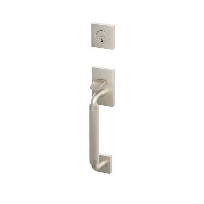 Ensemble de porte sectionnelle Emtek SELECT, vérin simple tubulaire, tige extérieure en forme de R, poignée moletée, levier intérieur Hermes, côté droit, nickel satiné