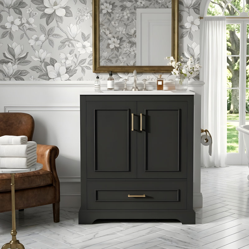 Meuble-lavabo moderne avec lavabo en céramique, Noir, 28"
