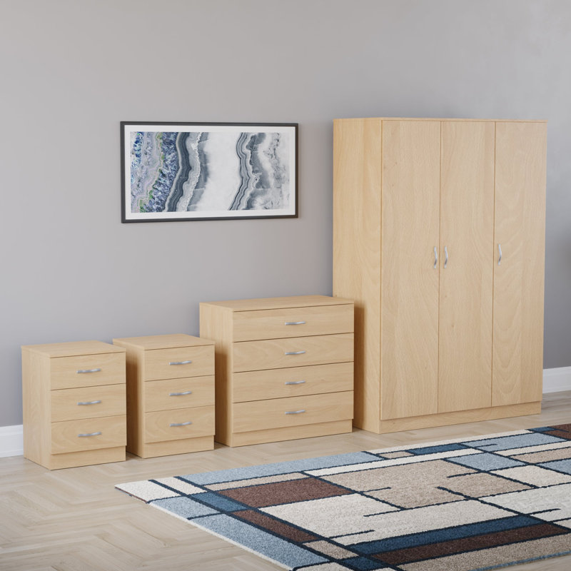 Tayce 4 Piece Bedroom Set (3 Drawer Bedside Chest X2, 4 Drawer Chest, 3 Door Wardrobe), Tan