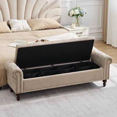 Banc de rangement rembourré en velours / lin avec compartiments de rangement segmentés