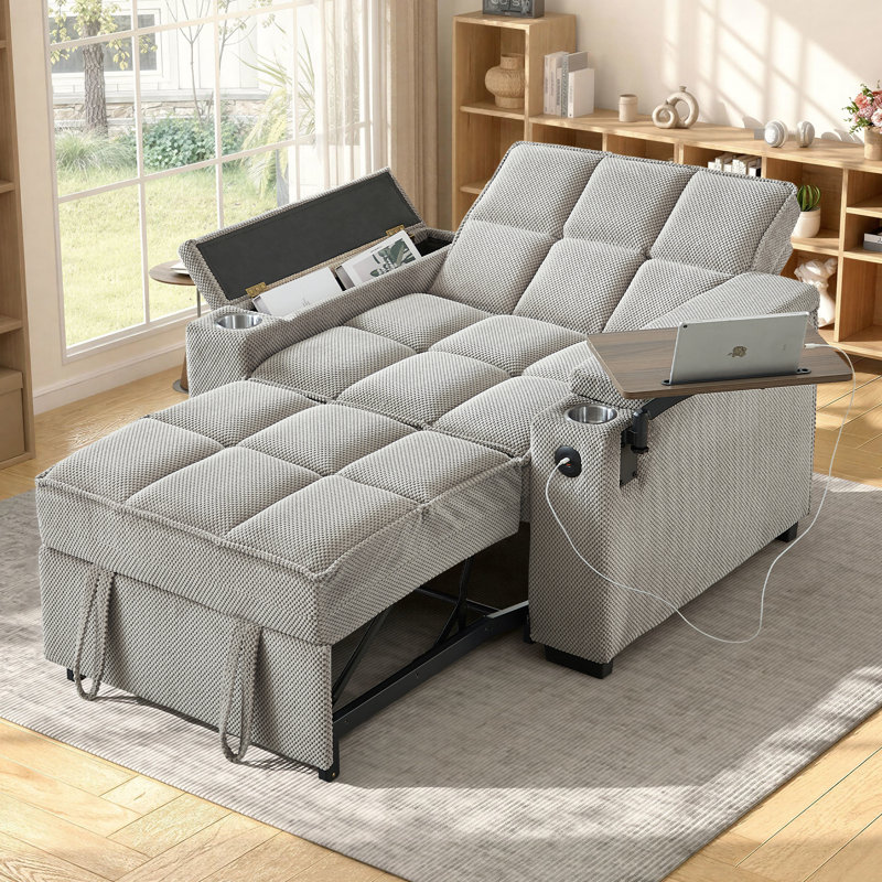 Aurora 43.5" Sleeper Chair Bed, 3-in-1 Convertible Sleeper Sofa Chair with Adjustable Backrest&USB&Table&Cup Holder, Khaki