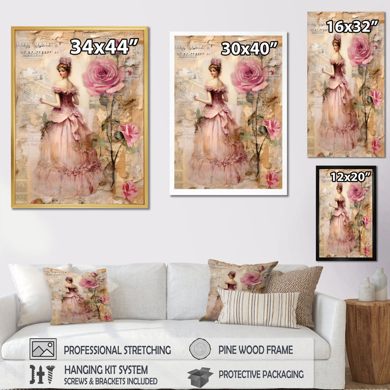 «Victorian Lady Pink Roses Rustic Vintage I - Rose», art mural encadré, H 32 po x l 24 po x P 1 po, Cadre flottant brun
