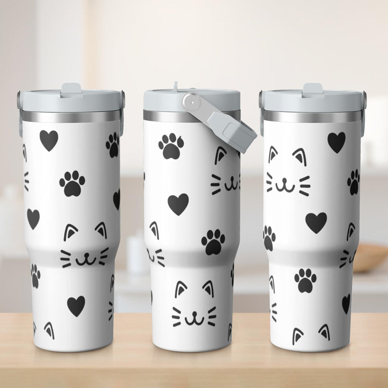 Gobelet 30 oz avec couvercle et poignée Gobelets isothermes en acier inoxydable Bouteille d'eau mignonne avec rabat (chat)