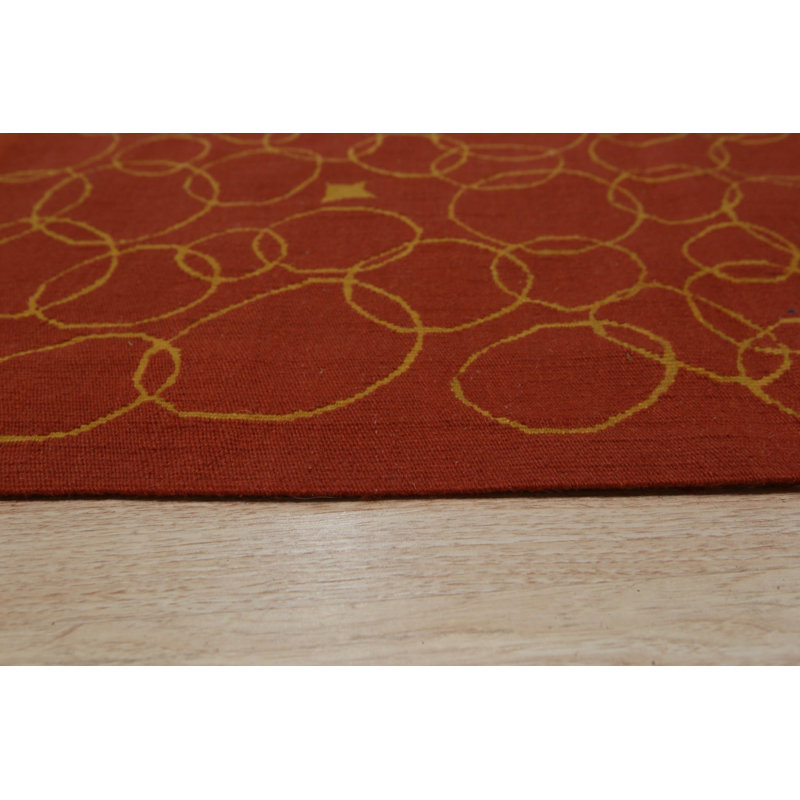 6x8 Red Flat Weave Wool Golden Orb Floating Vintage Mid Century Modern Contemporary Carpet Rug