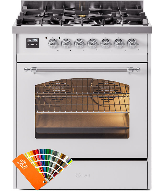 ILVE Nostalgie II Series 30 inch Dual Fuel Range with 5 Sealed Burners (Glass Door), Liquid Propane, RAL/Chrome