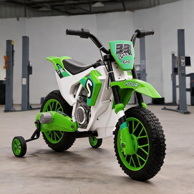 Motocyclette verte à piles pour enfants avec pneus à roulement, jouet à roulettes de 42 pouces pour les aventures en plein air, démarrage en douceur, suspension à ressort