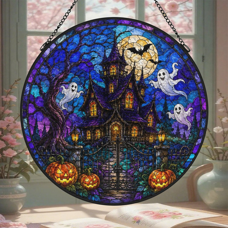 Panneau de vitrail pour fenêtre Haunted House, 7,8 x 7,8 po (20 x 20 cm)