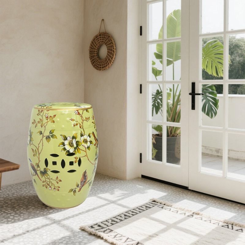 Tabouret en céramique fleur et oiseau, Vert/rouge