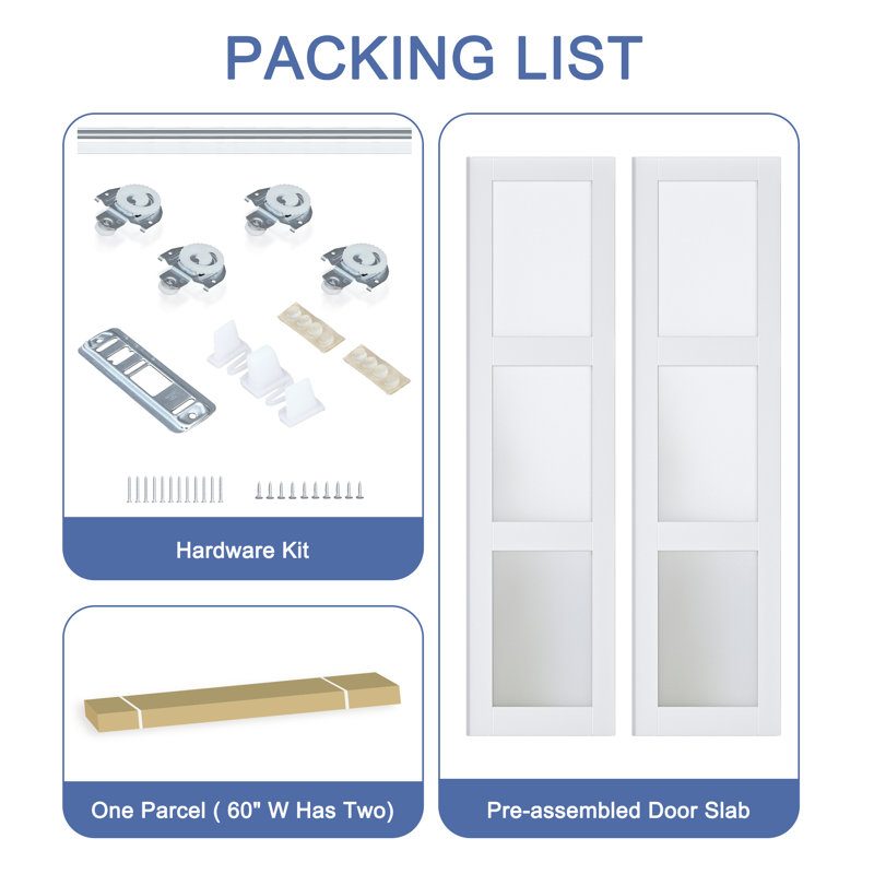 72 in. x 80 in. White MDF Sliding Door with Frosted Glass Panels