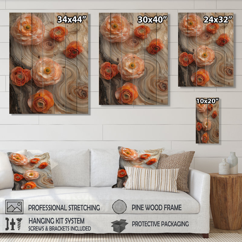 Fleurs d'œillets d'été sur la glissoire en bois I - Décoration murale en bois de renoncule - sur bois de pin naturel