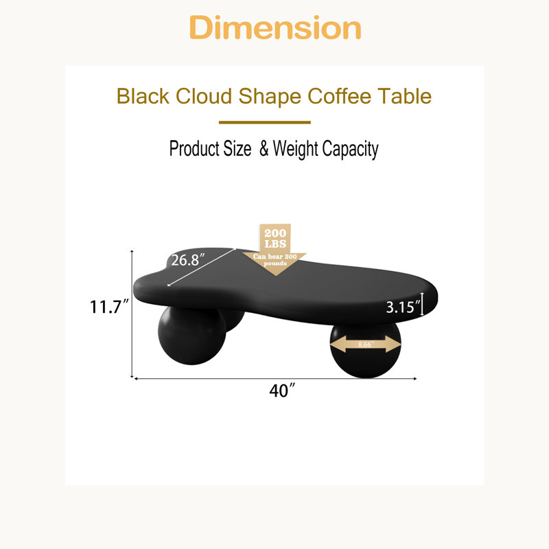 Table basse de 40 pouces en forme de nuage avec 3 pieds sphériques pour le salon, Noir, Noir