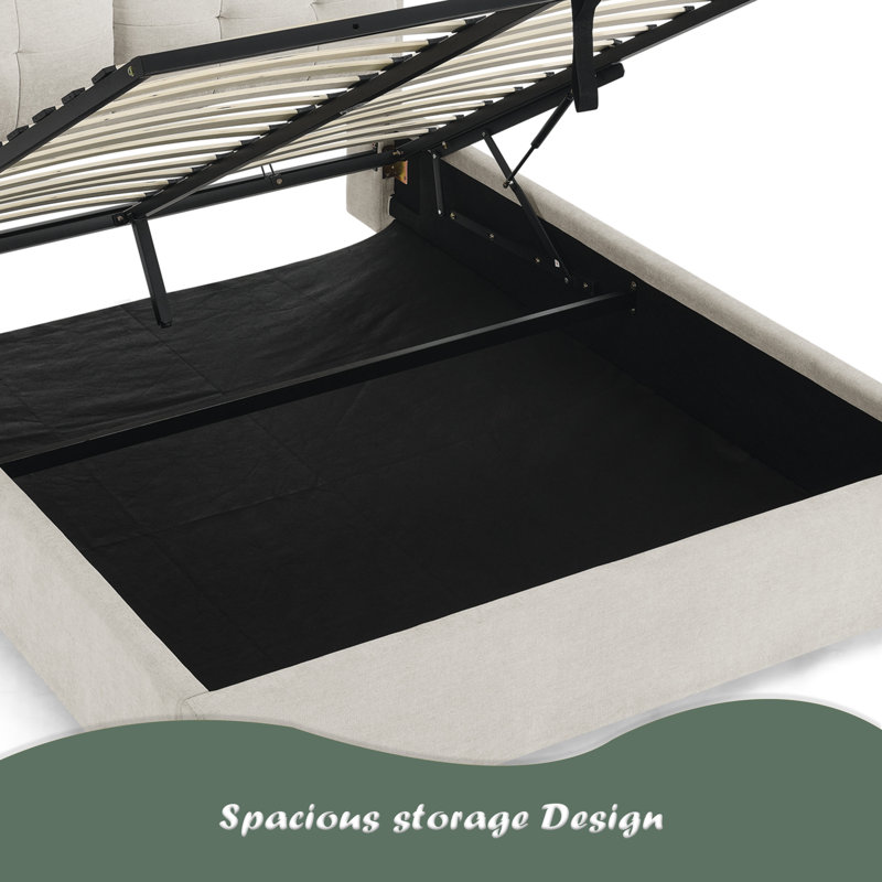 Lit plateforme tapissier avec rangement et tête de lit hydraulique en tissu chenille, Beige, Grand lit