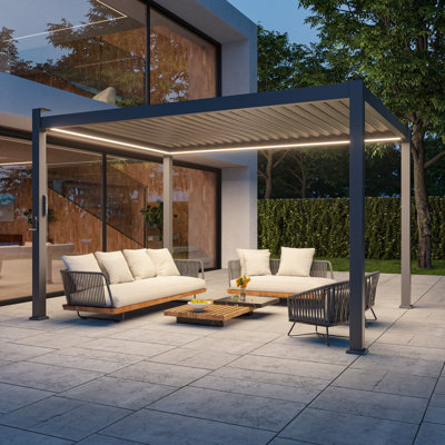 Modern Aluminum Frame Pergola with Adjustable Louvers, LED Lights, and Solar Charging, for Balcony, Deck, and Garden