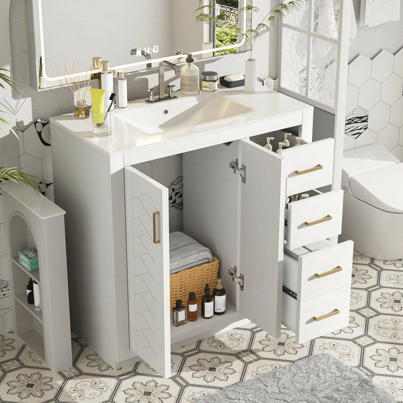 Ensemble de meuble-lavabo 36 po avec lavabo en céramique, armoire de rangement en bois massif, ensemble de meuble-lavabo autoportant avec 3 tiroirs et portes à fermeture douce