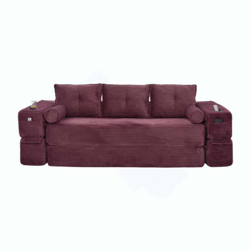 Canapé-lit convertible compact à trois sièges au design minimaliste, futon avec siège-lit désossé, canapé de plancher en velours côtelé doux, appuis-tête réglables et mobiles, soutien dorsal épais