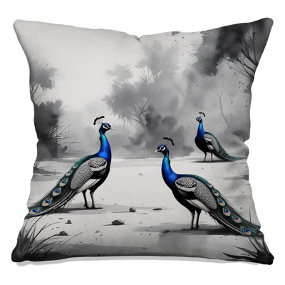 Blue Peacocks In Forest Double Sided Throw Pillows