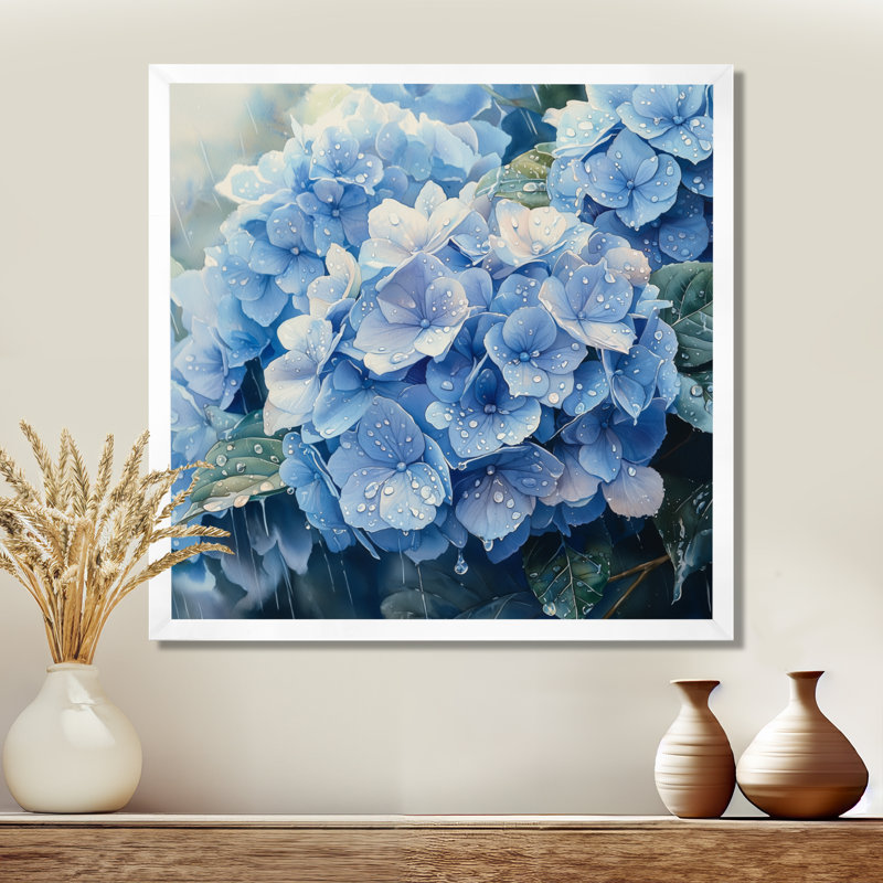 Hortensias dans la pluie printanière I - hydrangées, décoration murale, Reproduction encadrée d'une seule photo, Blanc