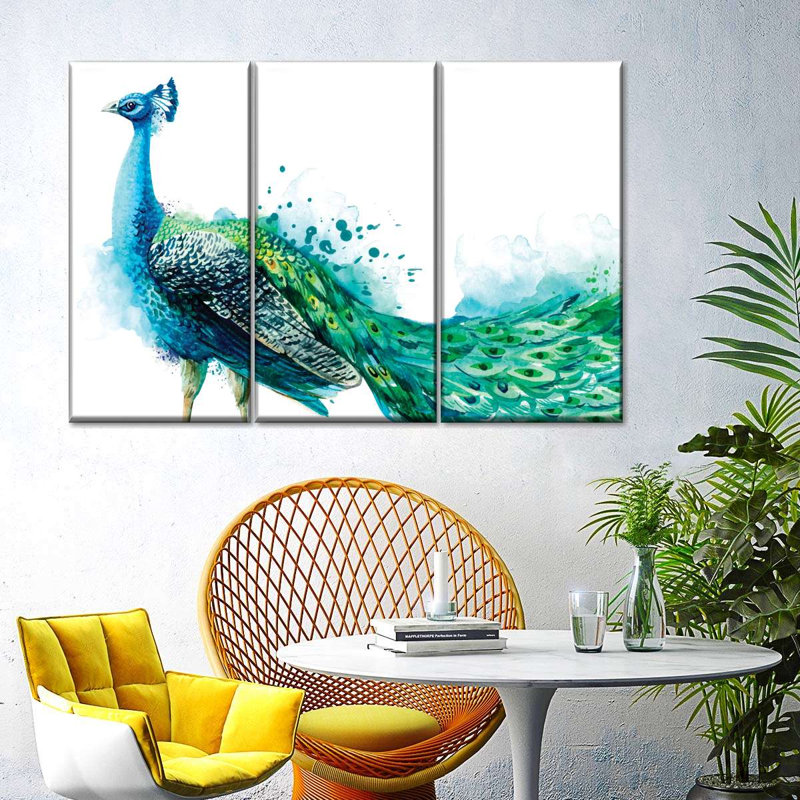 Ensemble de 3 pièces Proud Peacock Splash On Canvas, H 48 po x l 74 po x P 1,25 po