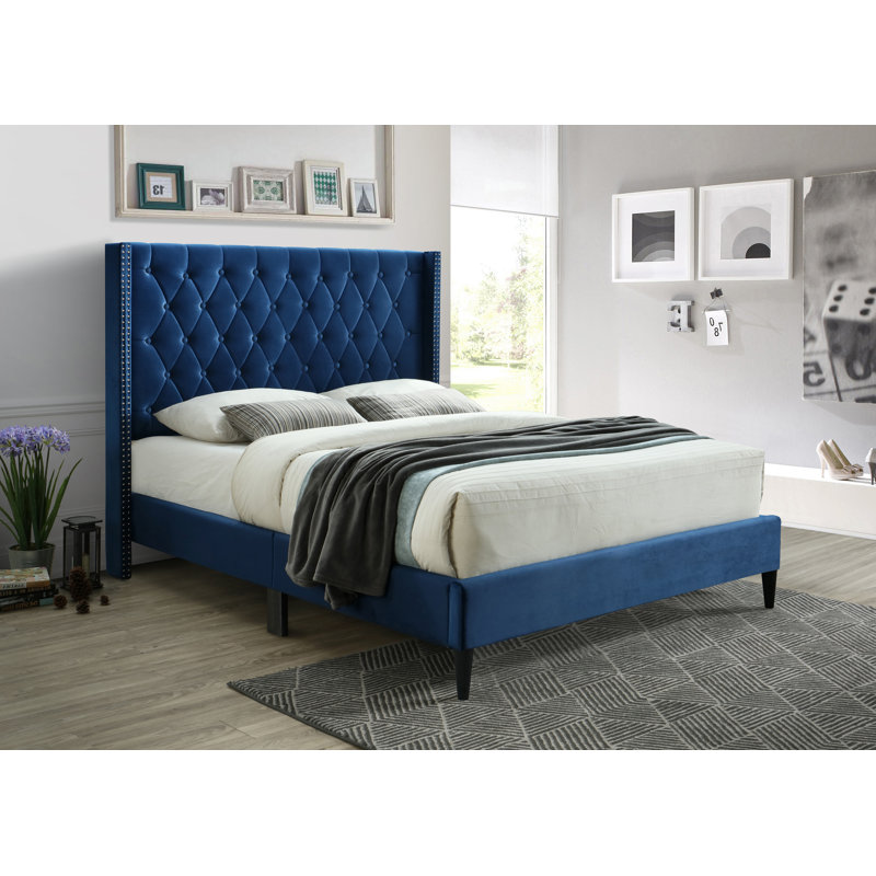 Upholstered Wingback Bed, Full, Blue