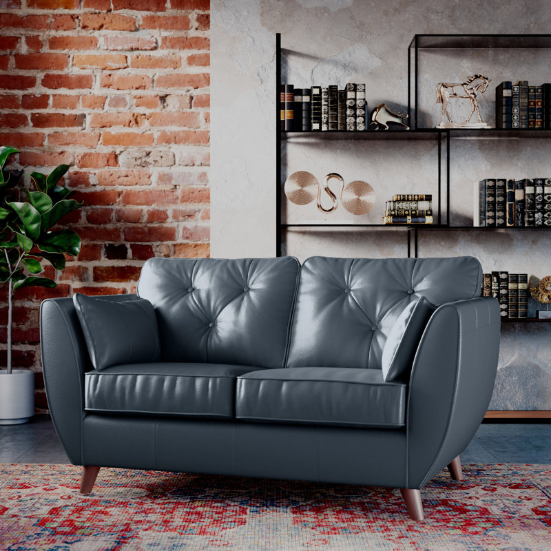 Marylin 2 Seater Leather Tufted Sofa, Navy, Dark Wood
