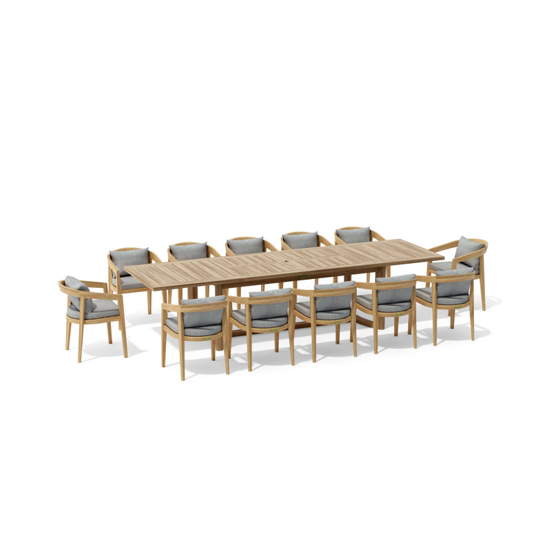 Outdoor 13 - Piece Teak Dining Set with Cushions, Light Gray