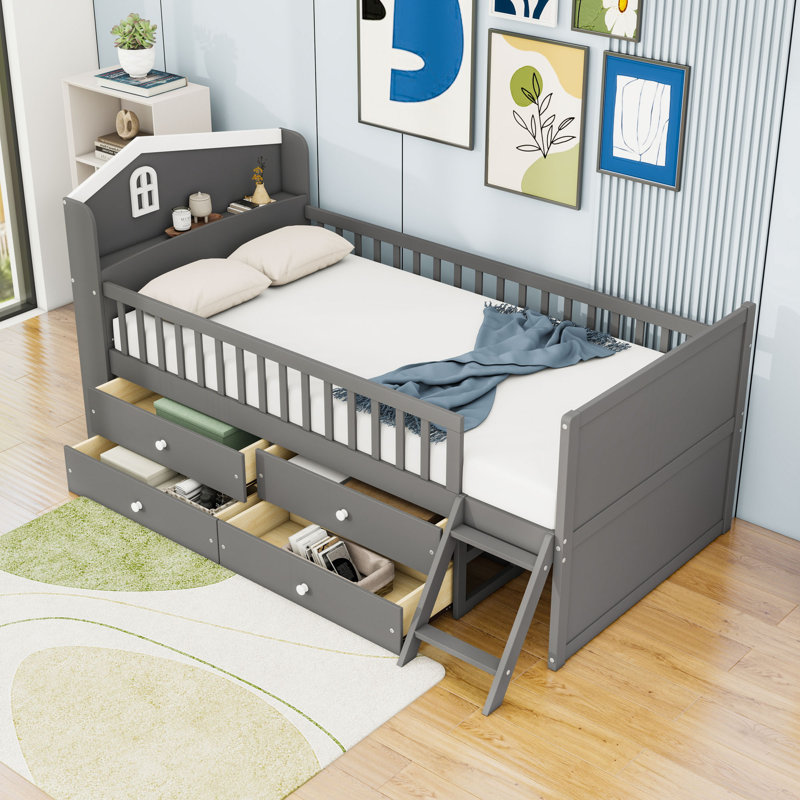 Lit plateforme simple en bois 4 tiroirs avec garde-corps, échelle et tablettes, Gris