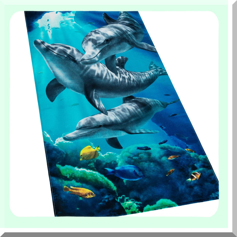 Tropical Coral Reef Dolphins Beach Towel - 100% Cotton, Soft Terry Velour, 30x60 Inch