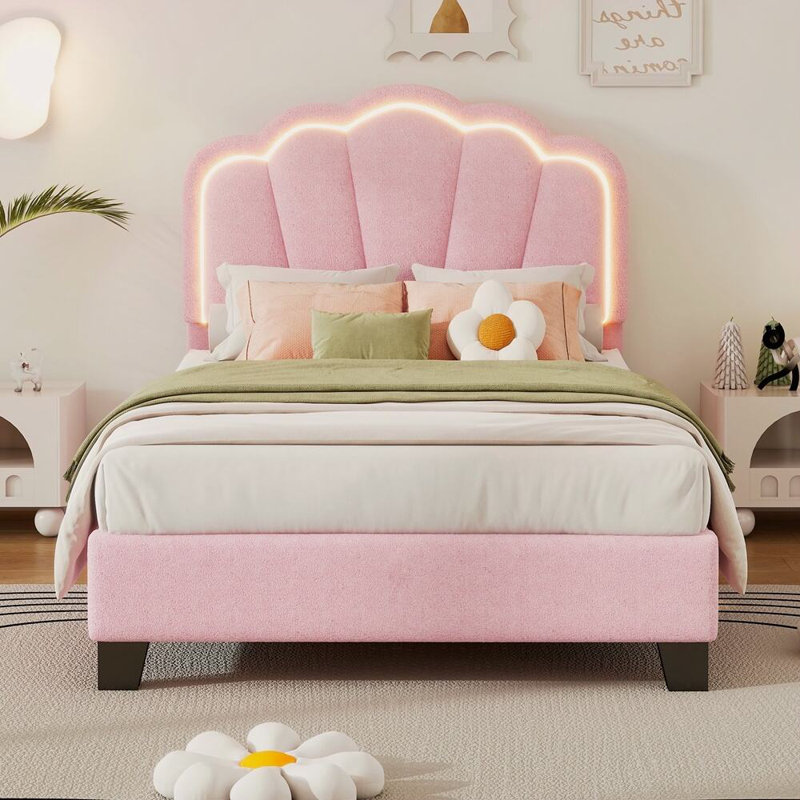 Lit tapissier en forme de fleur Kitzie, tête de lit à fleurs élégante avec bande lumineuse à DEL, lit plateforme en tissu sherpa avec support à lattes en bois