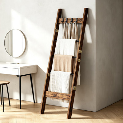Decorative Blanket Ladder with Removable Hooks, Farmhouse Leaner Quilt Rack and Shelf Organizer for Living Room and Bedroom