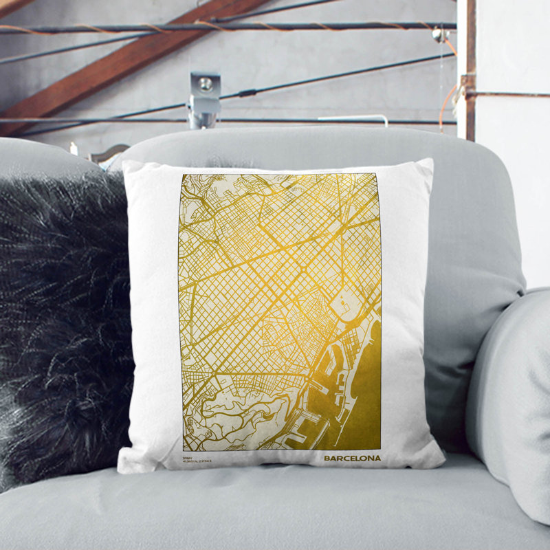 Map Barcelona Spain Gold Plate Square Throw Cushion, White, 55cm H x 55cm W x 20cm D