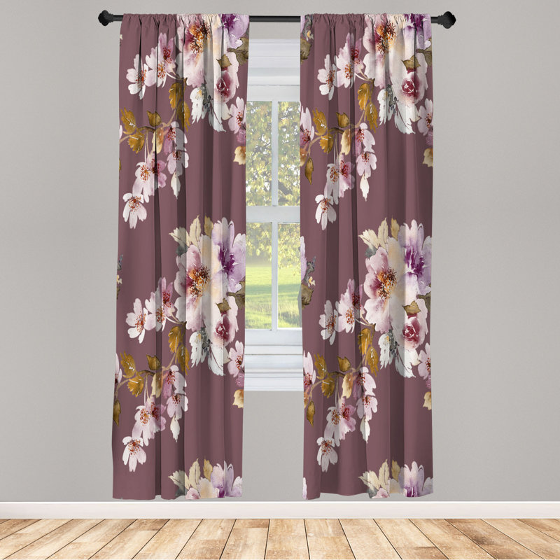 Microfiber Floral Semi-Sheer Rod Pocket Curtain Panels, 28" W x 84" L, Brown/White