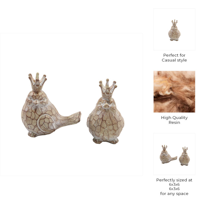 Resin Bird Figurines with Crown Detailing and Textured Bodies Decorative Polyresin Animal Sculptures Whimsical Crackled Design Ornament Accents for Display Shelf or Mantel Set of 2