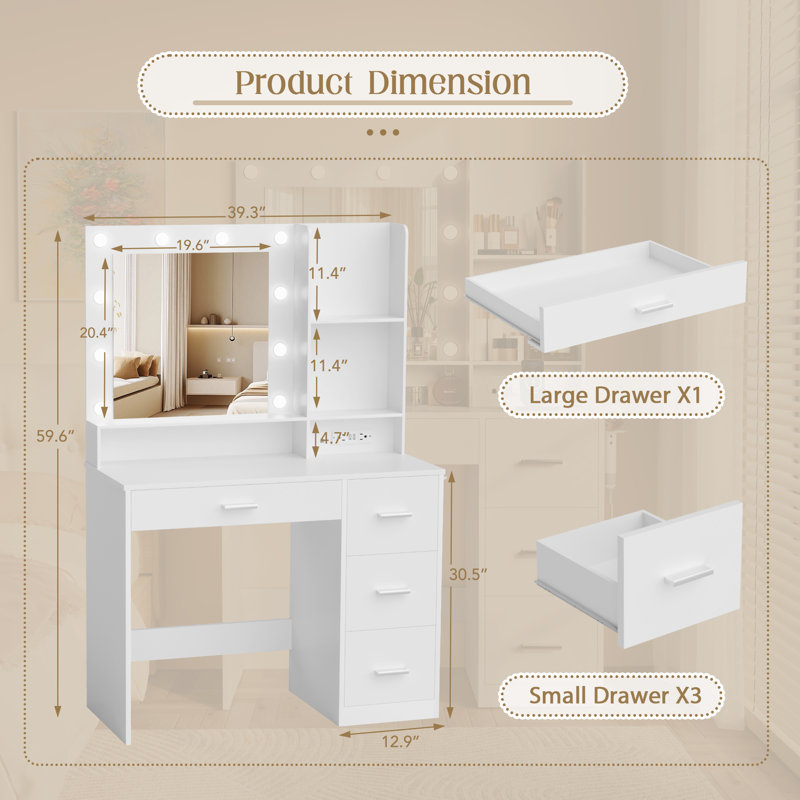 Borko Makeup Vanitiy with Lights,Vanity desk with Mirror and Power Outlet,Dresser Table with Drawers and Open Shelves, White