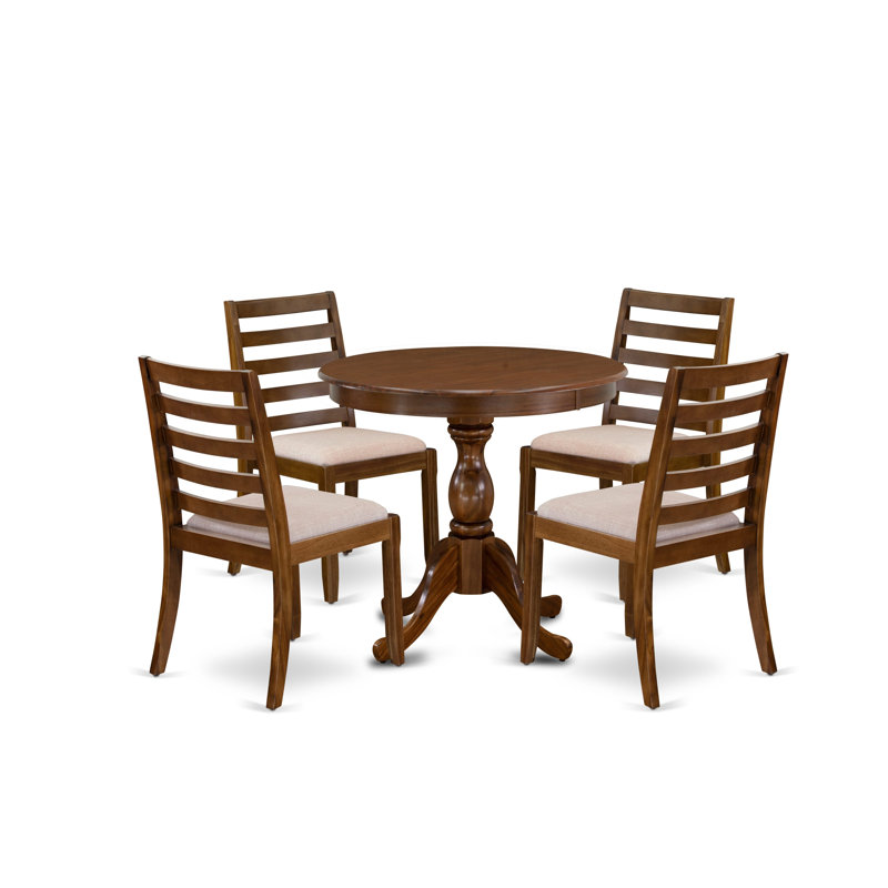 C48946F527224C75BE2FF48E17EE6A78 -5 Piece Dining Set Includes a Round Table and 4 Stackable Linen Fabric Chairs, Antique Walnut