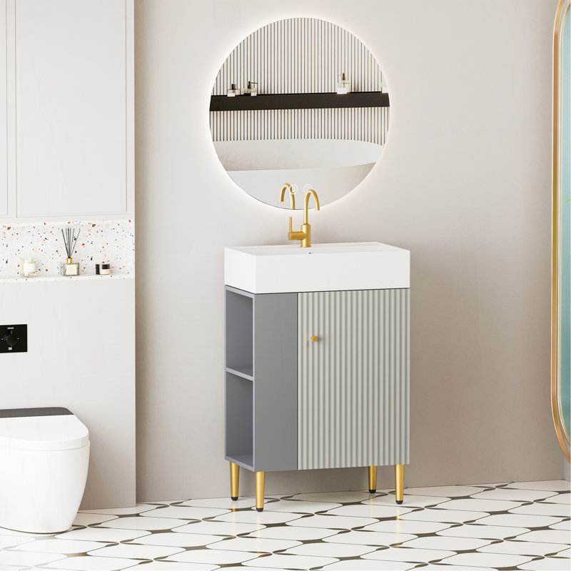 Meuble-lavabo à tablettes ouvertes de 21,6 po avec lavabo en céramique et porte à fermeture en douceur, armoire de rangement pour vestiaire sur le côté gauche, assemblage requis, finition grise.