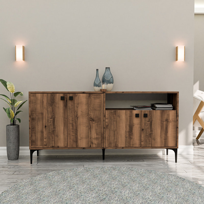 Stylish Console Table, Walnut Color, 63.0 x 30.6 x 15.7 inches | 100% Melamine Coated Chipboard, 16.0-inch Leg Height | Multiple Shelves, Wall-Mountable, Durable Plastic Legs | Perfect for Living Room & Entryway Decor