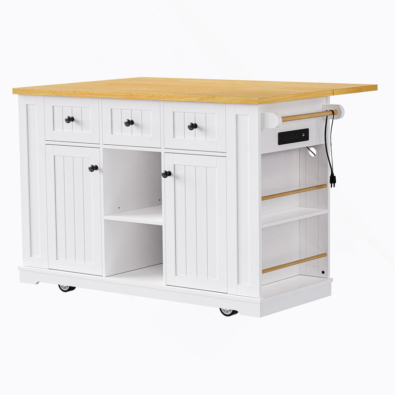 53inch Large Kitchen Island with Drop Leaf, Power Outlet, Door Internal Storage Rack, Rolling Kitchen Cart on 5 Wheels with 5 Open Side Racks for Kitchen, Dining Room (Not include bar stools)