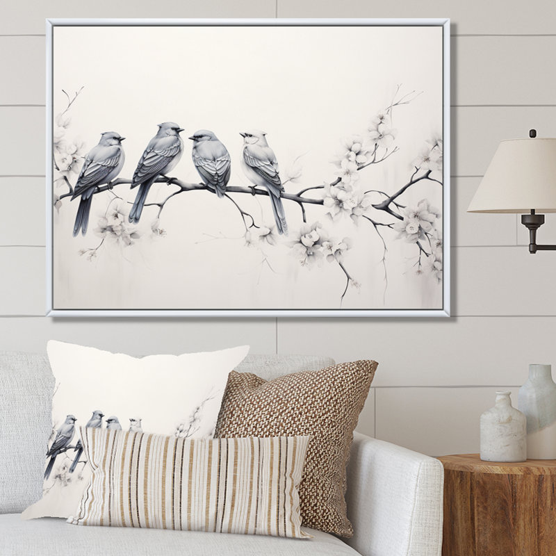 Birds On The Brink I - Art mural d'oiseaux pour le salon, H 16 po x l 32 po x P 1 po, Cadre flottant blanc