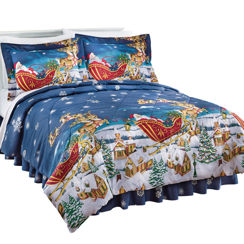 Queen Reversible Festive Cotton Comforter Set with Bedskirt