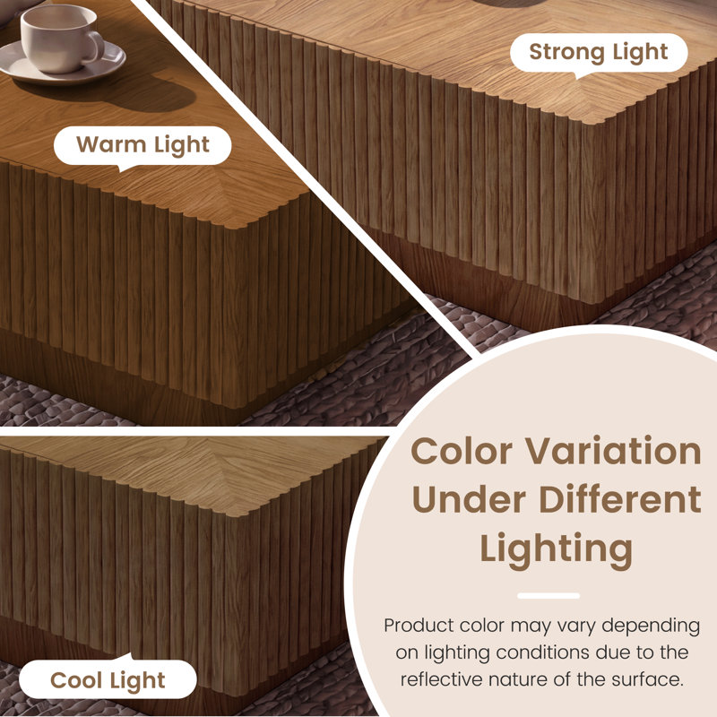 31.5 Inch Solid Wood Square Coffee Table With 2 Drawers, Handcrafted Ash & Oak Fluted Design, 13.8" H x 31.5" L x 31.5" W