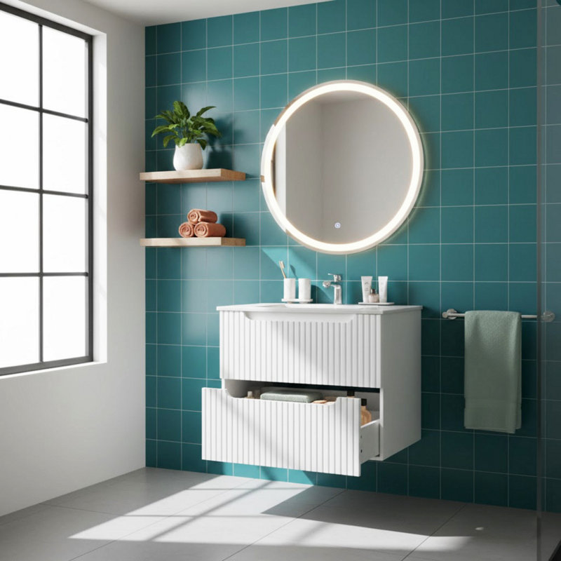 Meuble-lavabo mural avec lavabo, armoire de salle de bain flottante avec système de fermeture en douceur, 24", Blanc