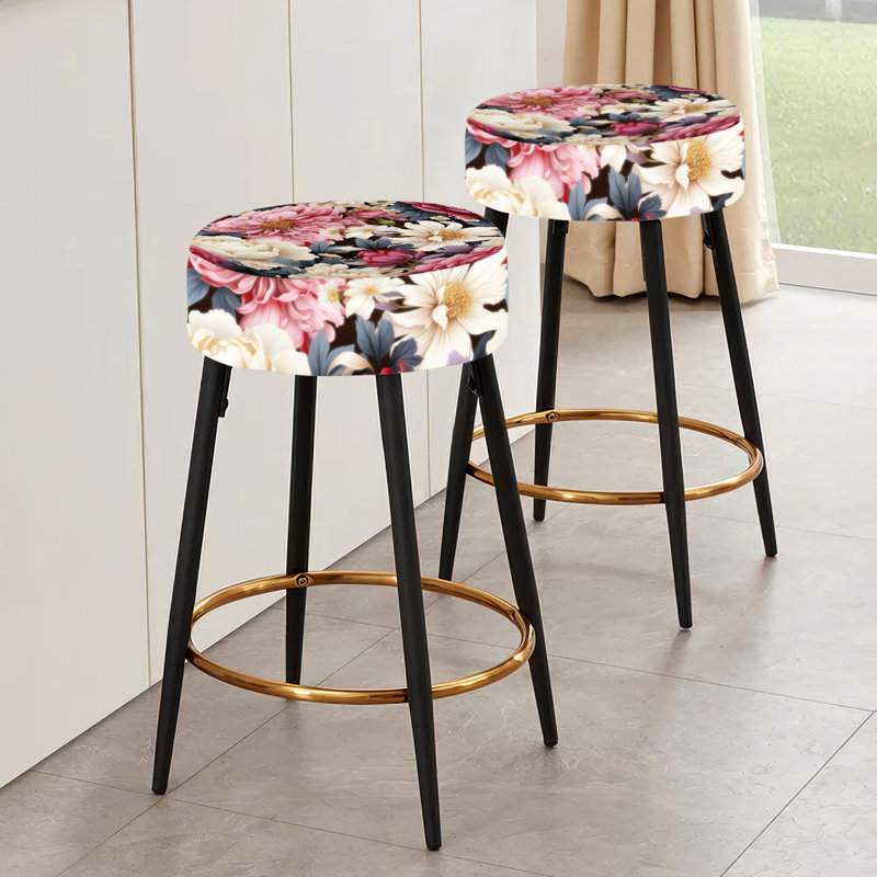 Ensemble de 2 tabourets de bar Renaissance à motif floral pivoines rose foncé