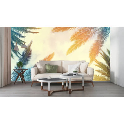 Tropical Palm Tree Canopy Wall Mural – Vintage Style Sun-Kissed Palm Fronds Looking Up at Sky