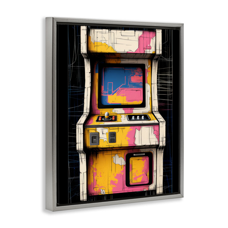 Cadre flottant rétro avec joysticks, design par Lazar Studio, H 31 po x l 25 po, Cadre flottant gris lustré