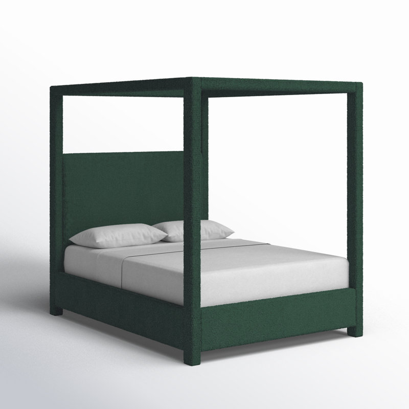 Upholstered Canopy Bed, Green Boucle Fabric, Queen