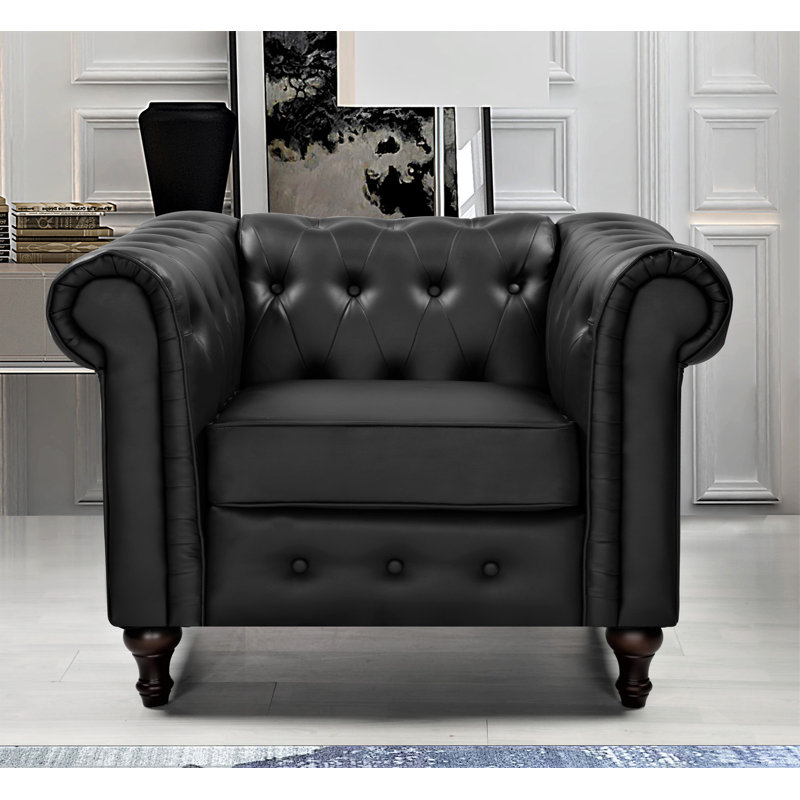 Shahan Upholstered Chesterfield Chair, Black Faux Leather