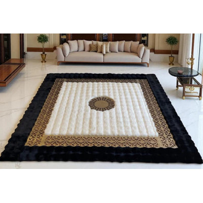 Luxury Plush Area Rug With Black Border - Gold Pattern Area Rug for Living Room Decor, Bedroom
