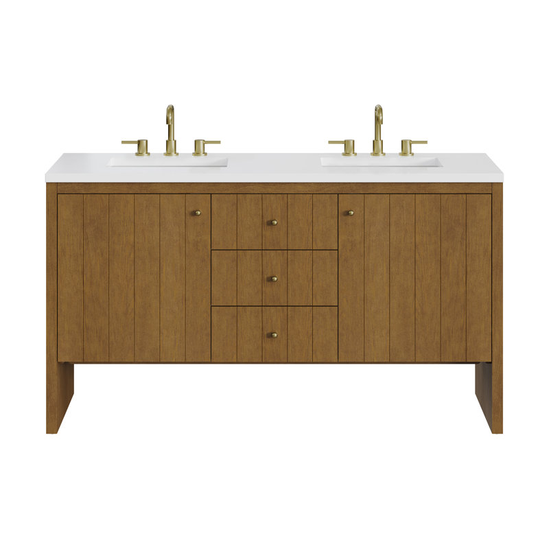 Hudson 60" Double Bathroom Vanity, White Zeus, 8" Widespread, Honey Brown