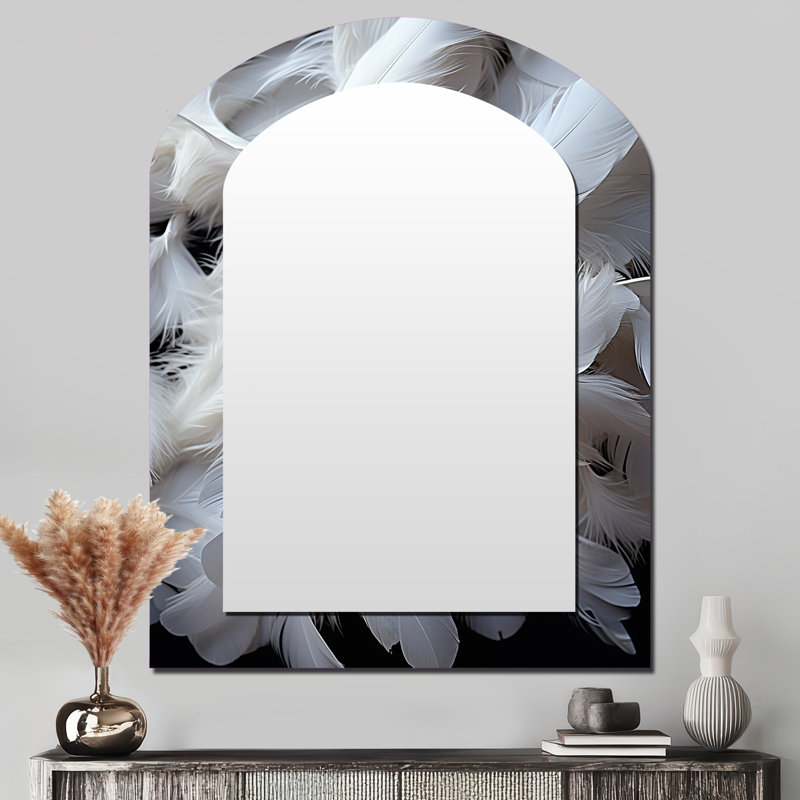 «Light As A Feather I» - miroir décoratif en forme d'arche de plumes, miroir mural asymétrique blanc, impression d'art en métal