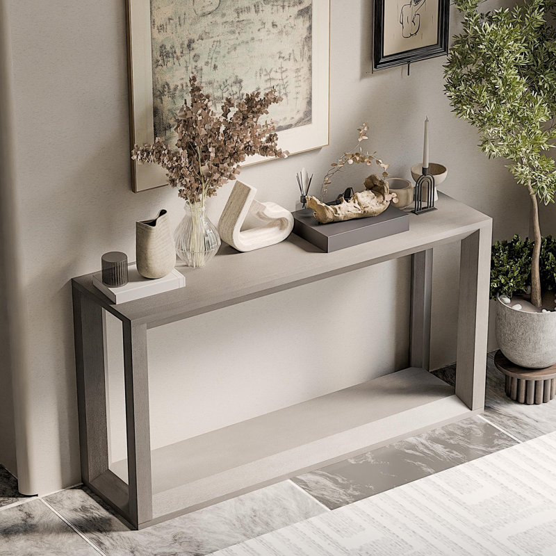 Console rectangulaire de 60 po en placage de bois massif, table de canapé large, table de canapé derrière avec amplement de rangement pour l'entrée et le salon, gris vieilli